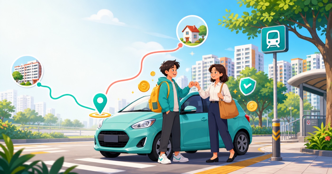 Cartoon student and office commuter meeting at a public pickup point beside a shared ride in Singapore.